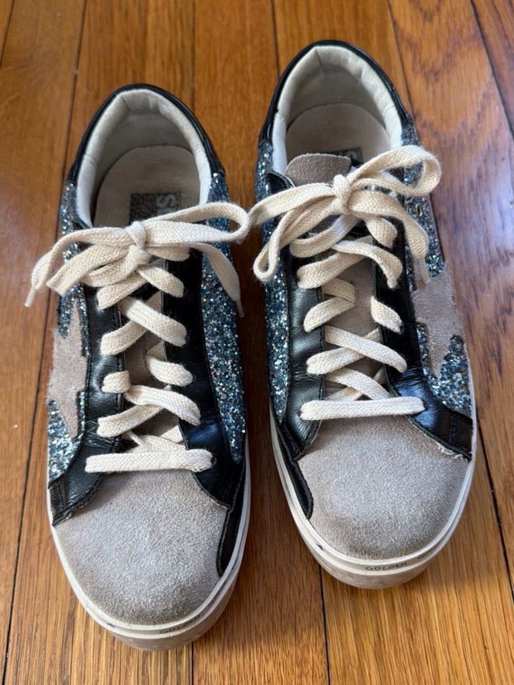 Golden Goose Beige Suede & Black Leather Sneakers with Blue Glitter (Authentic)